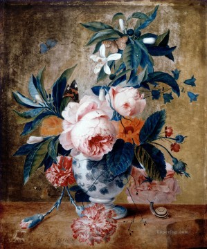 Classical Flowers Painting - A Delft Vase with Flowers Francina Margaretha van Huysum still life